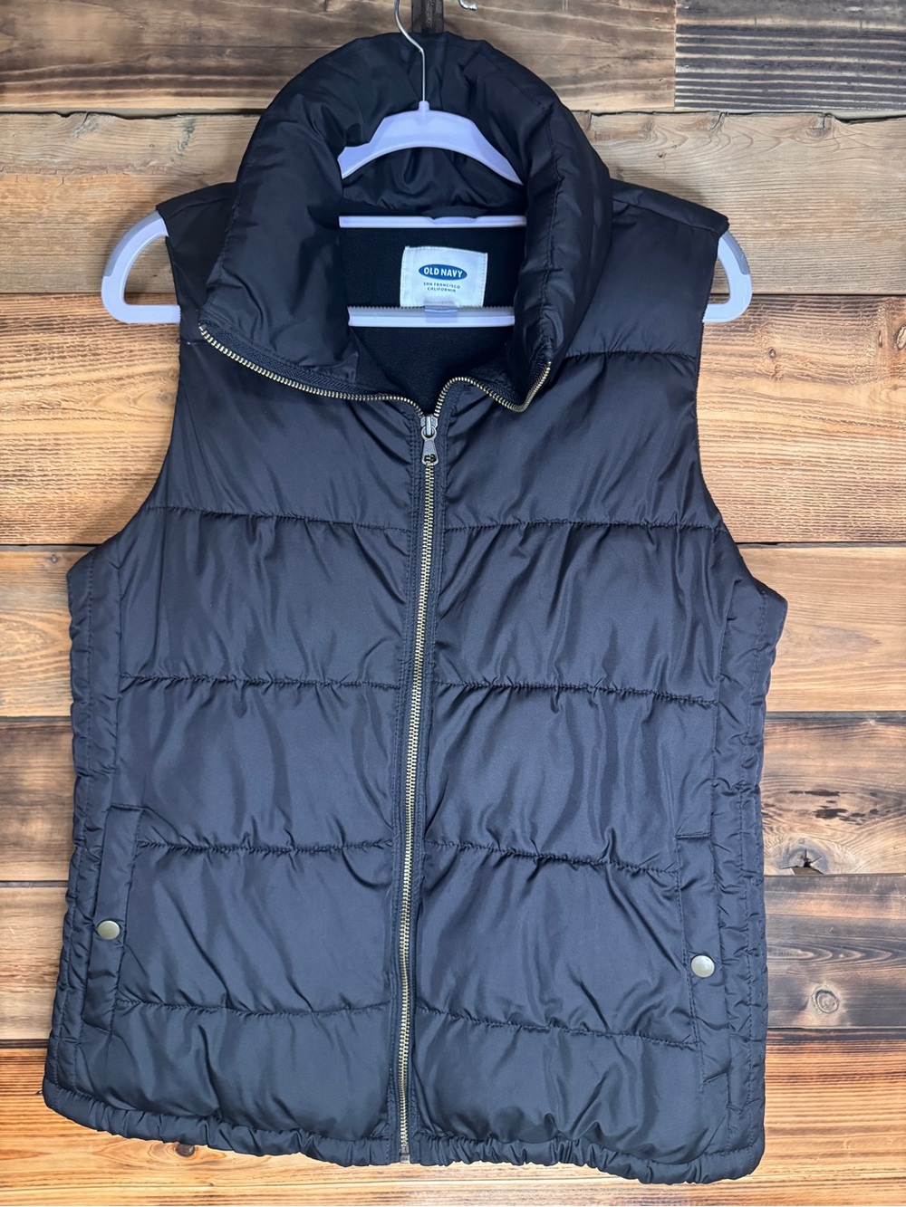 Old Navy Black Quilted Puffer Vest with Gold-Tone Zipper | Size Medium